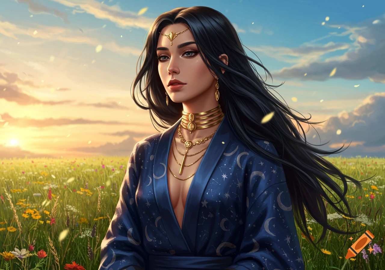 Digital art of a beautiful woman with long dark hair, wearing a celestial blue robe and golden jewelry, standing in a wildflower field at sunset.