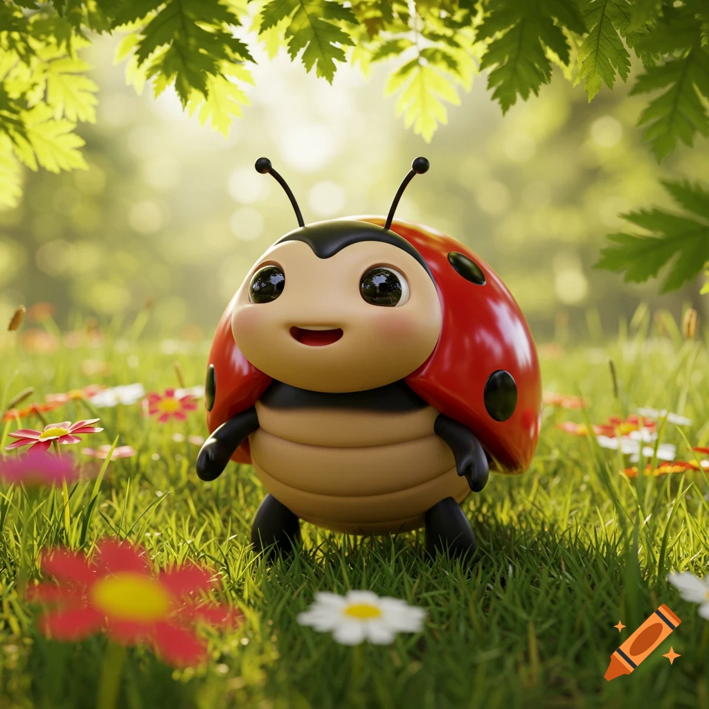 A cute 3D ladybug character with a red shell, large eyes, and a smile, standing in a sunny green field with wildflowers under green leaves.