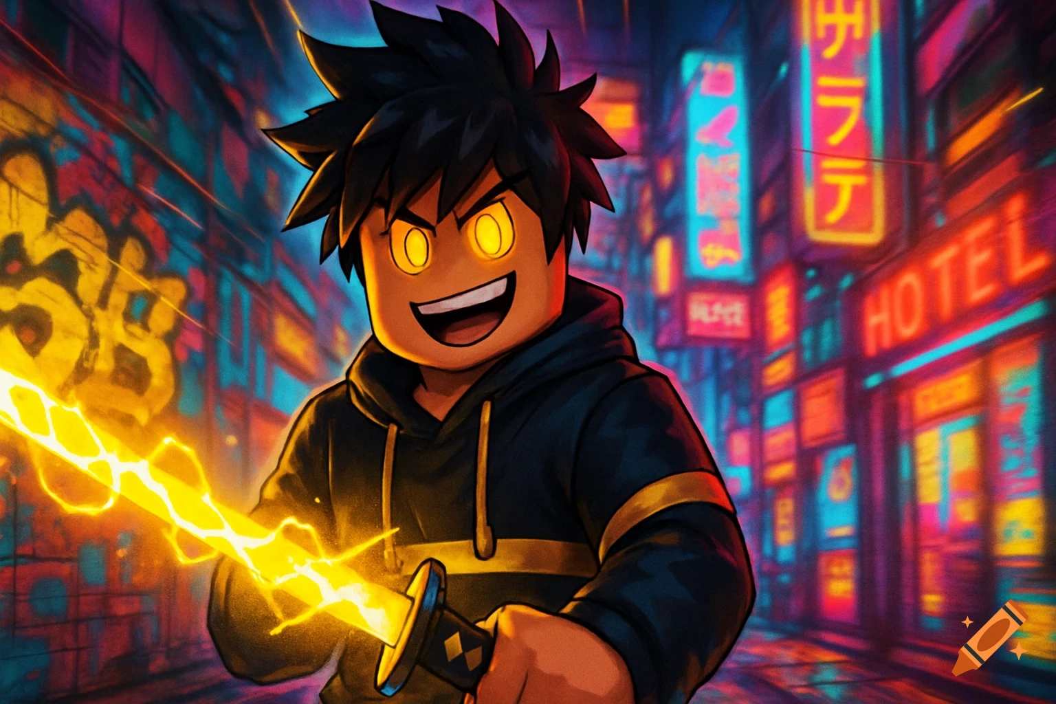 A dynamic anime-inspired Roblox character with glowing yellow eyes and spiky black hair, wearing a black and gold outfit, holding a bright glowing katana in a neon urban environment with graffiti and glowing signs.