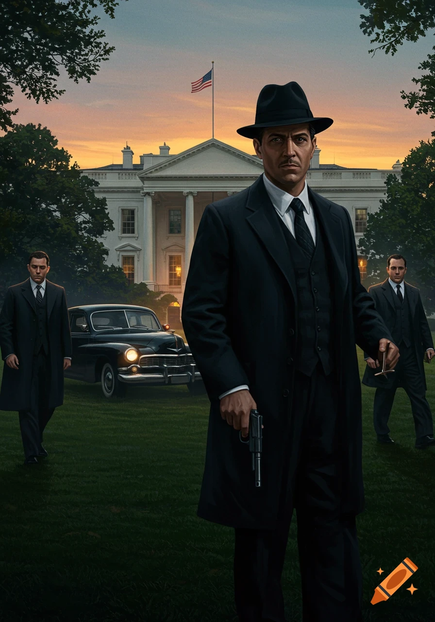 Three men in black suits and hats stand on a lawn in front of the White House and a vintage car at sunset. One man holds a gun.