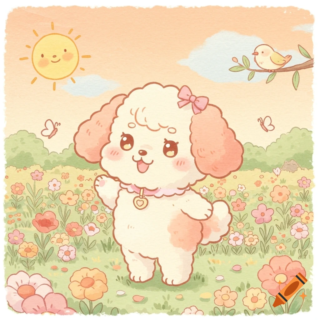 A cute, fluffy light pink and cream cartoon dog with a pink bow and heart collar in a field of colorful flowers under a smiling sun, watercolor style.