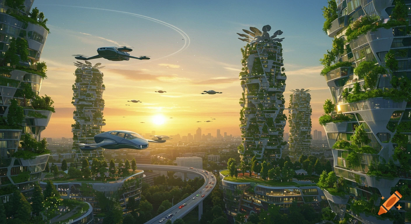 Futuristic city at sunset with green eco-buildings, flying cars, and a highway.
