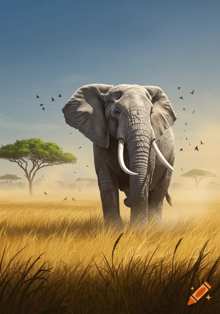A large grey elephant with tusks walks through tall golden grass in a savanna, with acacia trees and birds under a blue and orange sky.