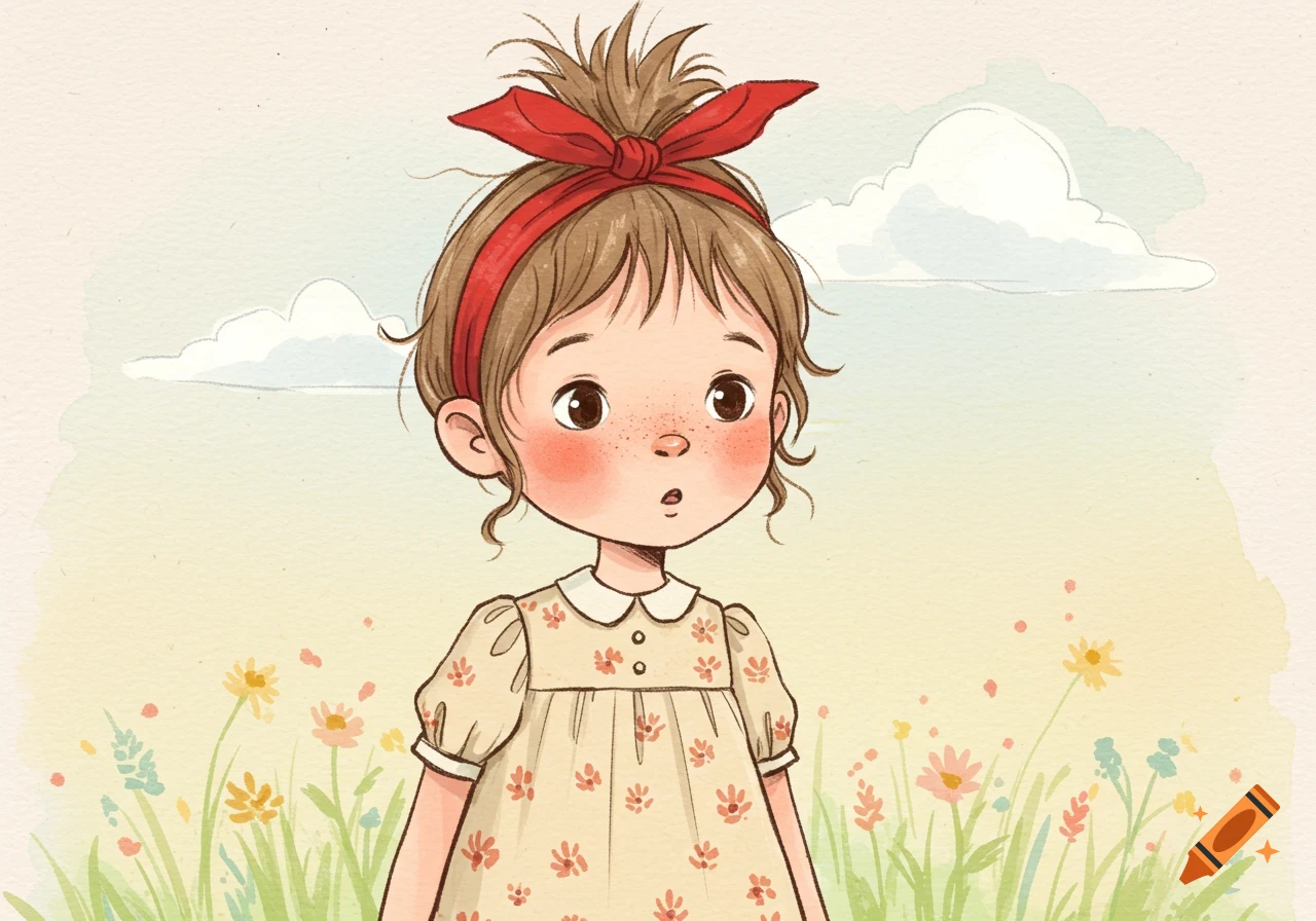 A watercolor illustration of a young girl with a red bow in her topknot hair, standing in a field of colorful flowers under a cloudy sky.
