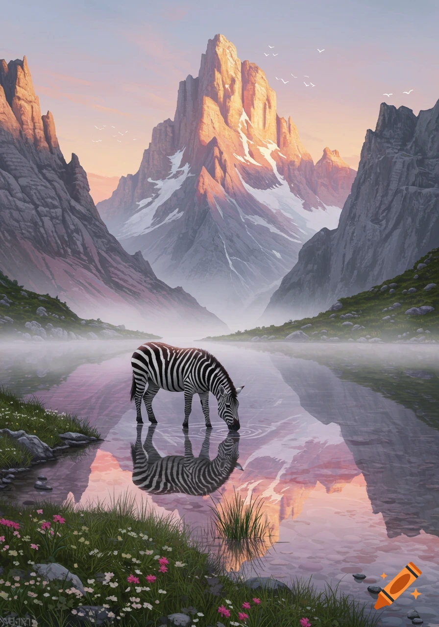 A photorealistic painting of a zebra drinking from a calm mountain lake reflecting a vibrant sunrise over majestic peaks.