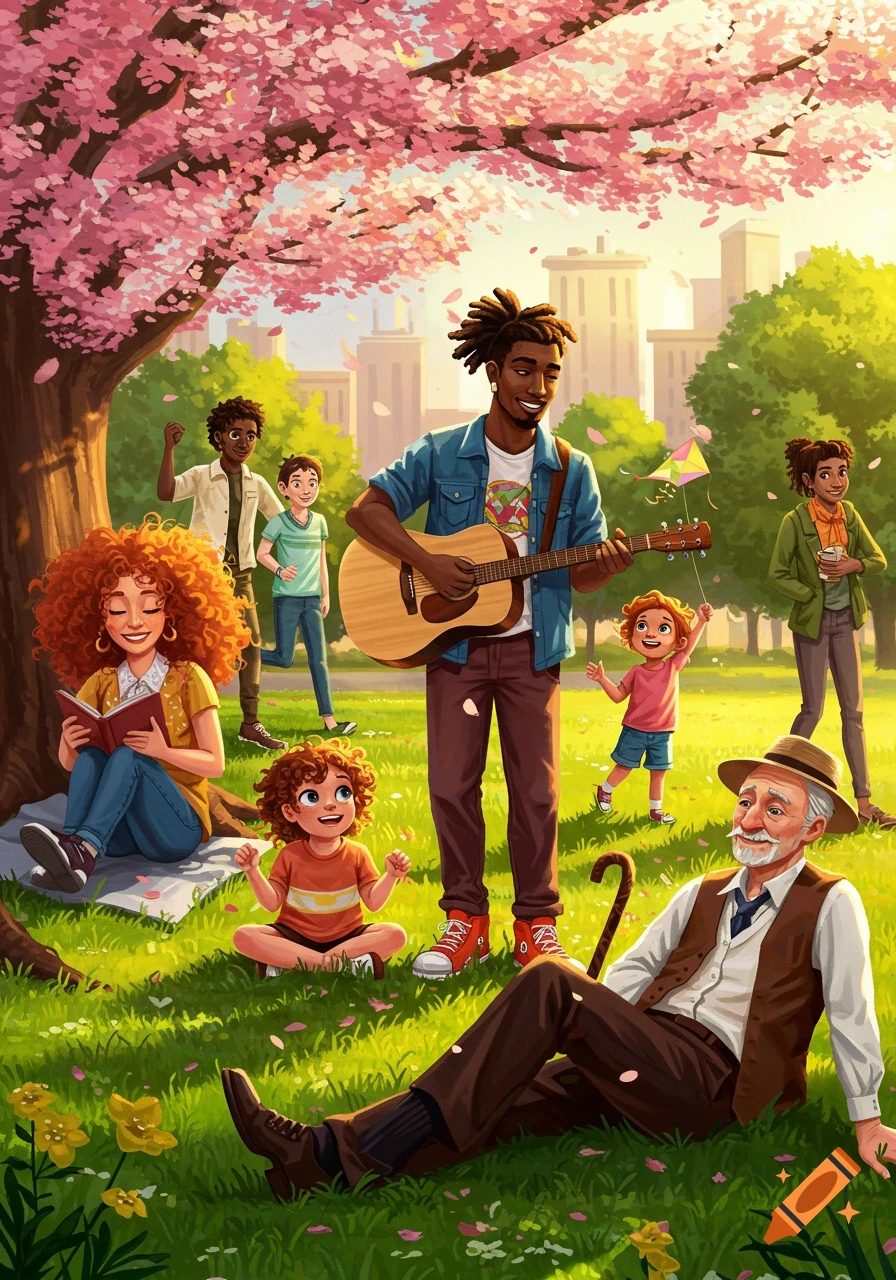 A cheerful illustration of a diverse group of people enjoying a sunny day in a park with cherry blossom trees and a city skyline.