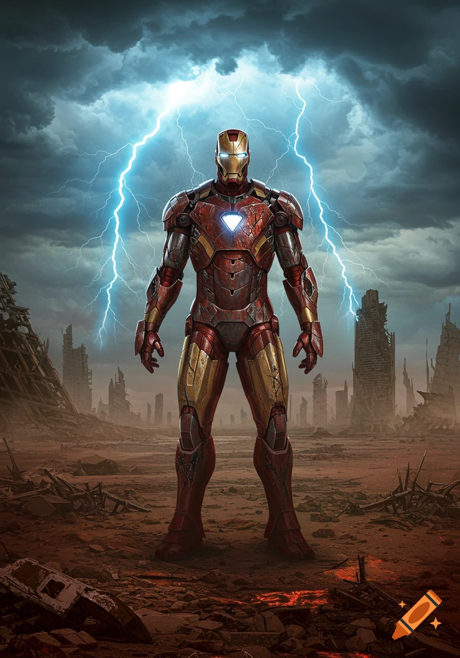 Iron Man in a weathered red and gold suit stands in a desolate, ruined landscape under a stormy sky with lightning striking behind him.