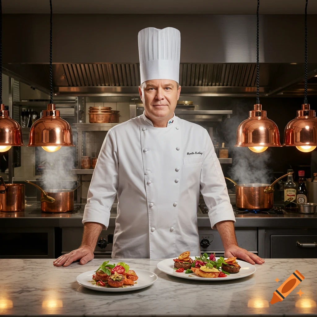 A confident male chef in a white uniform stands in a professional kitchen with two gourmet dishes on a marble counter.