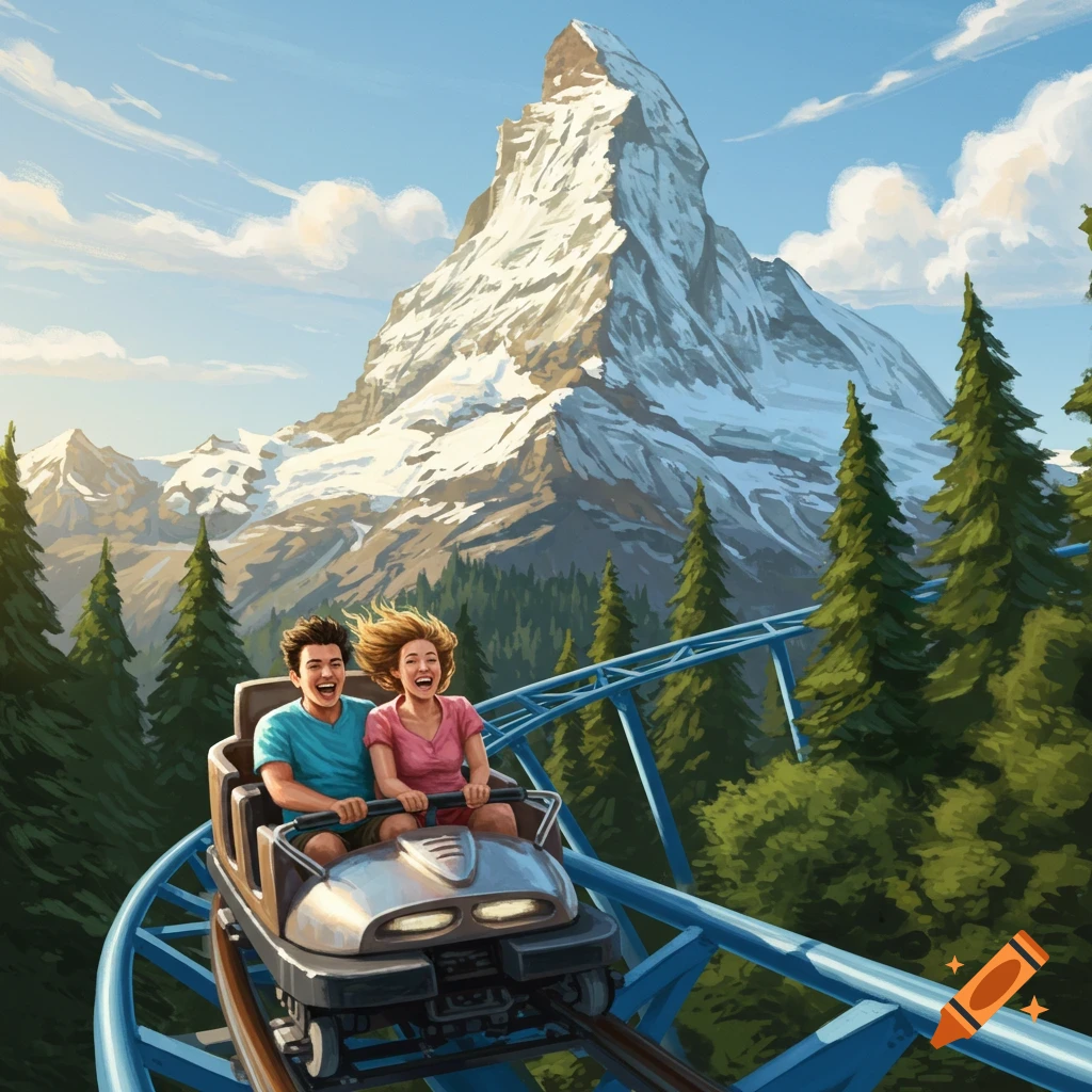 A smiling couple rides a roller coaster through a mountainous landscape with pine trees, under a blue sky, in a vibrant illustration.