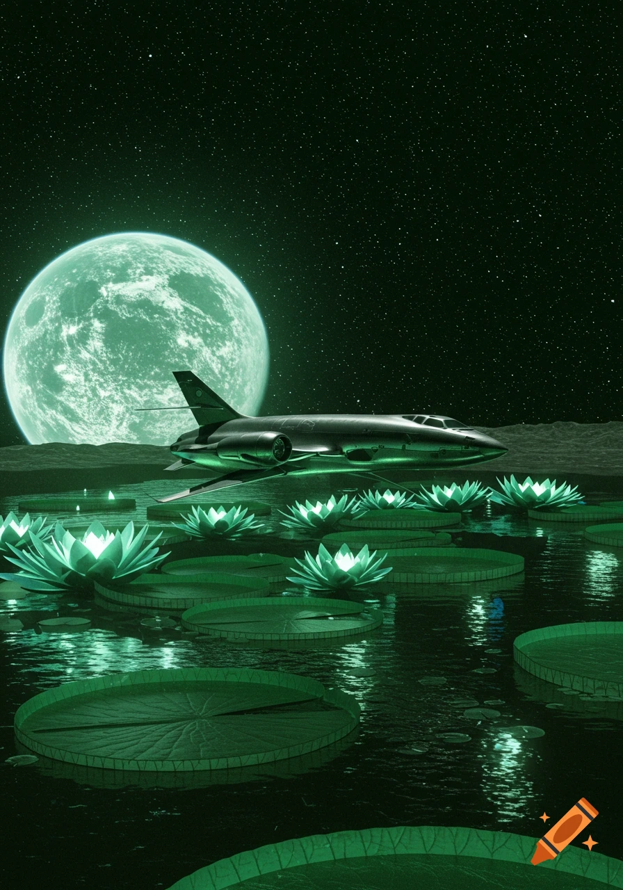 A metallic spaceship landed on a moon surface covered with glowing green water lilies in a pond, under a starry night sky with a large green moon.