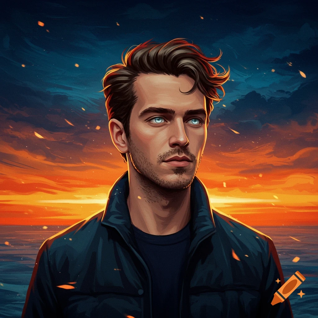 Digital illustration of a man with dark hair, stubble, and glowing blue eyes, against a dramatic orange and blue sky.