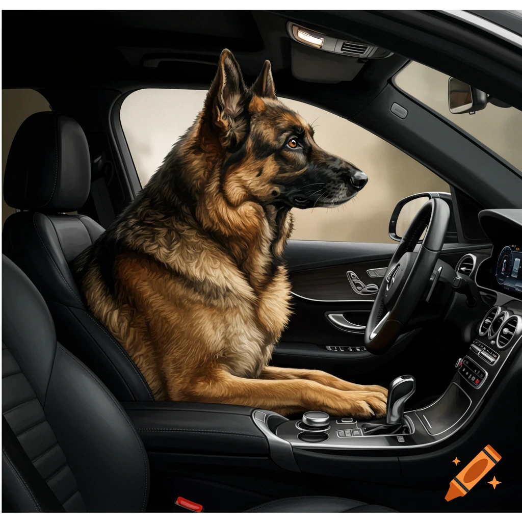 A photorealistic German Shepherd dog sits upright in the driver's seat of a luxurious black car, looking out the side window.