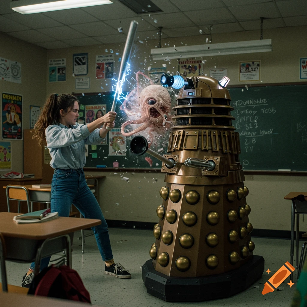 A young woman in a classroom attacks a bronze Dalek with an electrified baseball bat, exposing a mutant octopus-like creature.