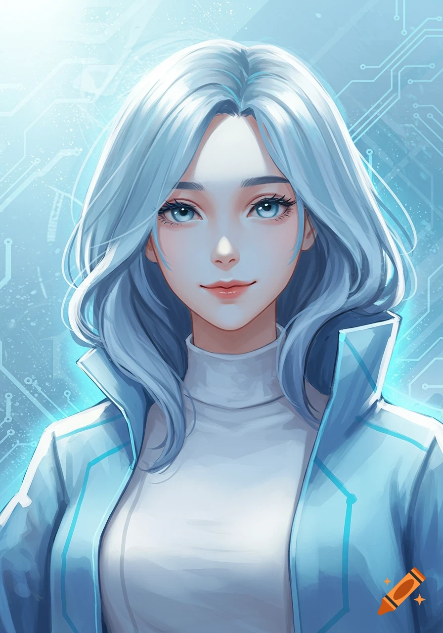 Anime portrait of a young woman with blue-gray hair and eyes, wearing a white turtleneck and a futuristic blue jacket, circuit background.
