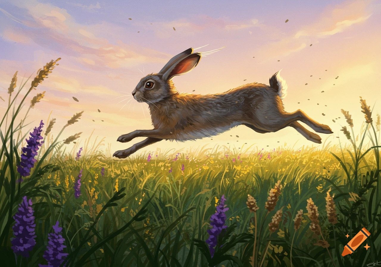 A brown rabbit leaps across a grassy field with purple and yellow flowers under a warm sunset sky, in a digital painting style.