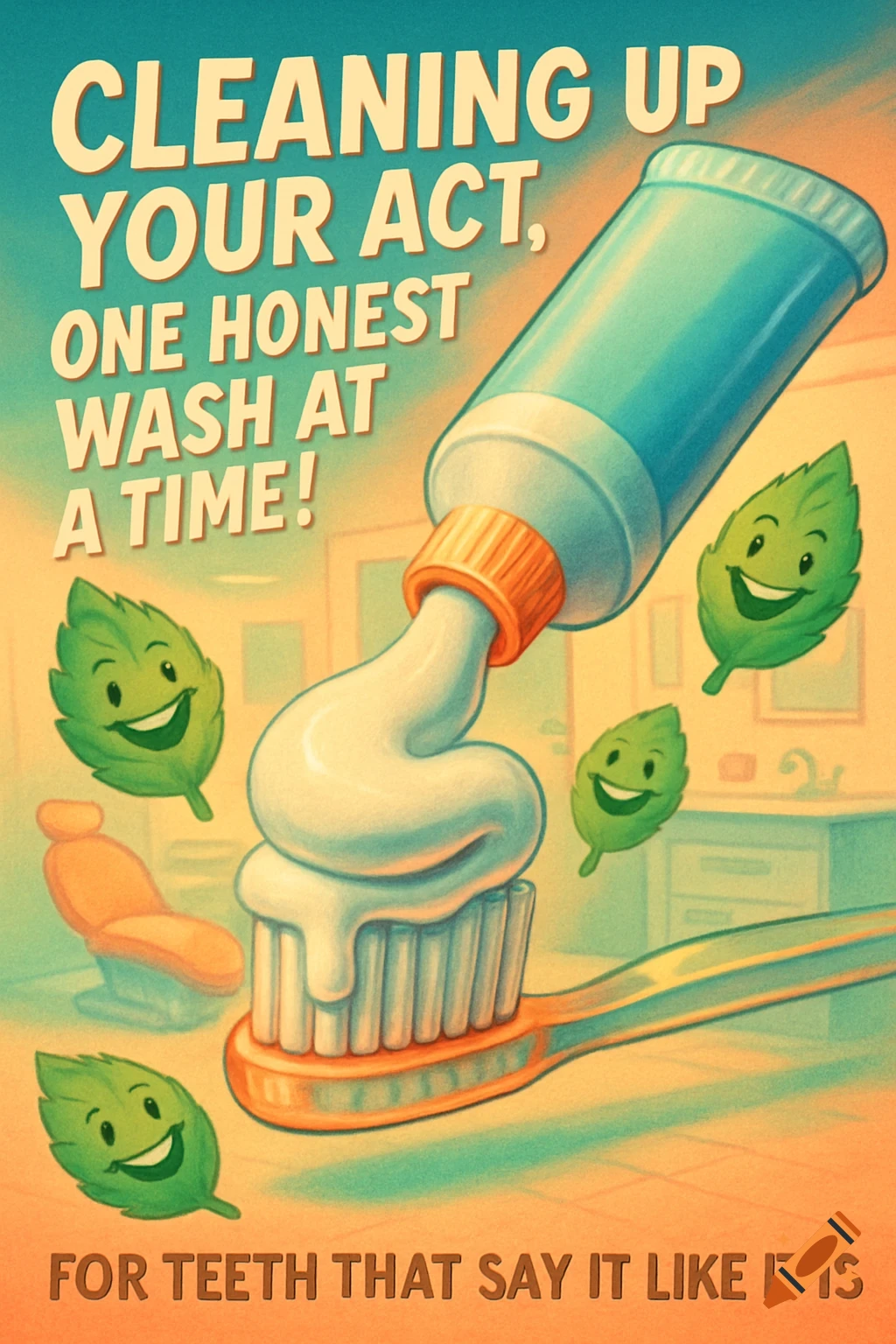 A retro-style poster features a toothpaste tube squeezing onto a toothbrush, with smiling cartoon mint leaves and text.