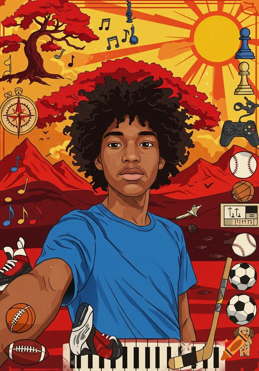 Stylized illustration of a Filipino/Asian teenage boy in a blue shirt, surrounded by symbols of sports, music, and nature.