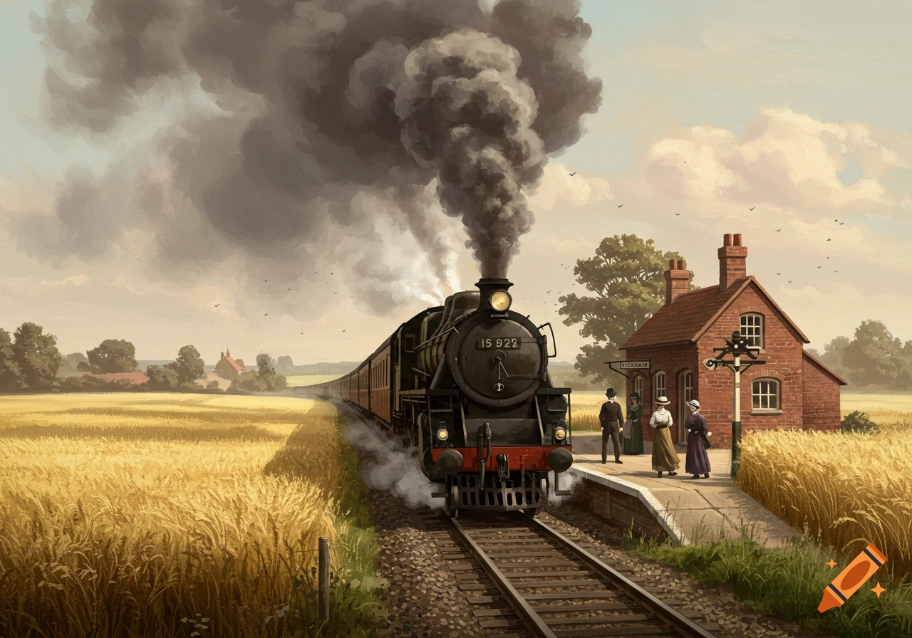 A vintage steam train pulls into a rural station surrounded by golden fields, with people waiting on the platform. Painted style.