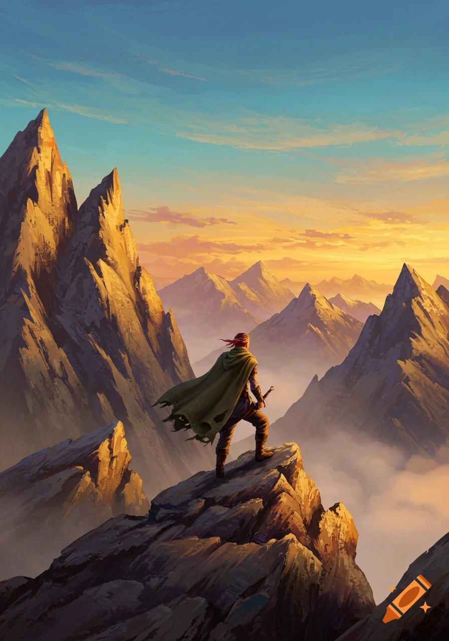 A lone figure in a tattered cloak stands on a mountain peak, looking out over a vast, misty mountain range at sunset. Oil painting.