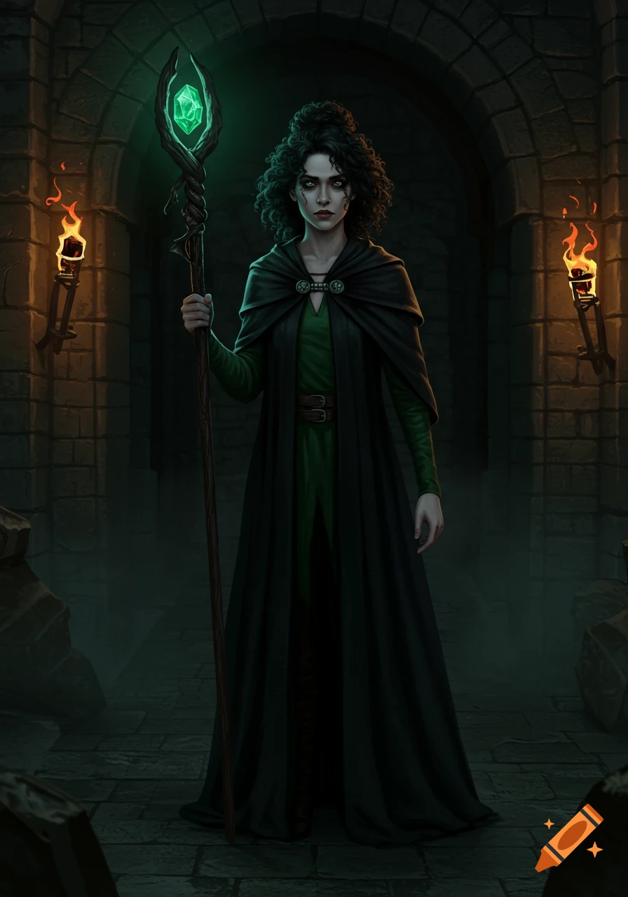 Pale woman with curly dark hair in a black robe and green blouse holds a staff with a glowing green gem in a dark crypt lit by torches.