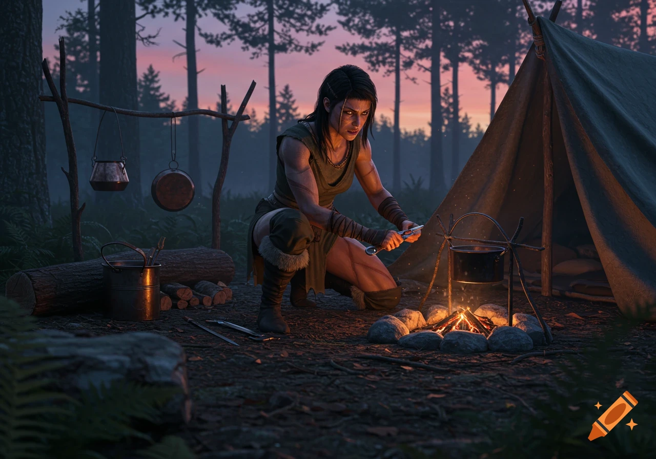Muscular female character in cloth armor crouches by a campfire at a forest campsite during sunset, holding a tool. Realistic art style.