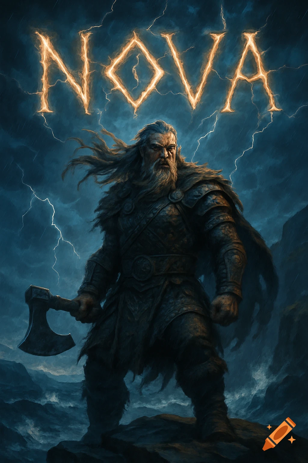 A fierce, bearded Viking warrior with an axe stands on a rocky landscape under a stormy, lightning-filled sky with 'NOVA' glowing above.