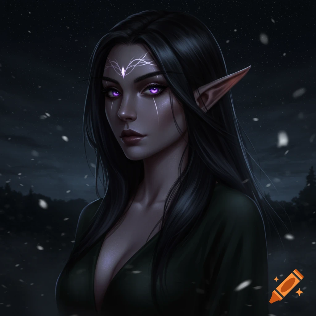 A photorealistic portrait of a dark elf woman with glowing purple eyes and a silver forehead tattoo, in a snowy night scene.