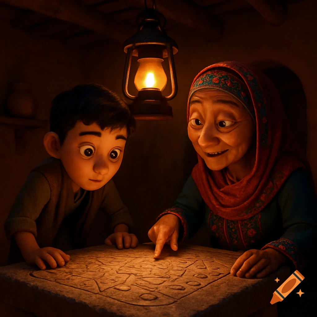 A young boy and an elderly woman in Pixar-style animation look at a carved stone map under a lantern in a clay house.