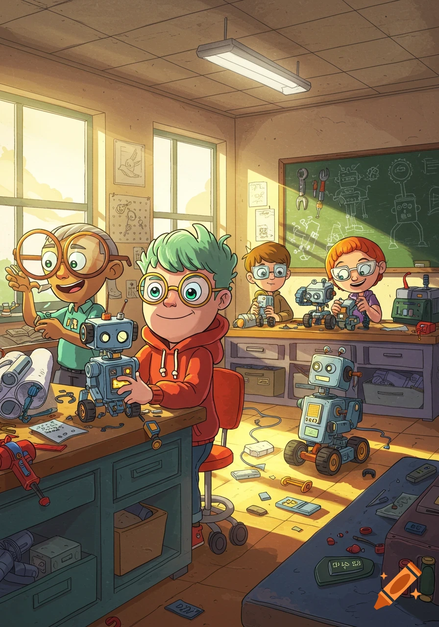 Cartoon children happily build robots in a bright classroom filled with tools and designs.