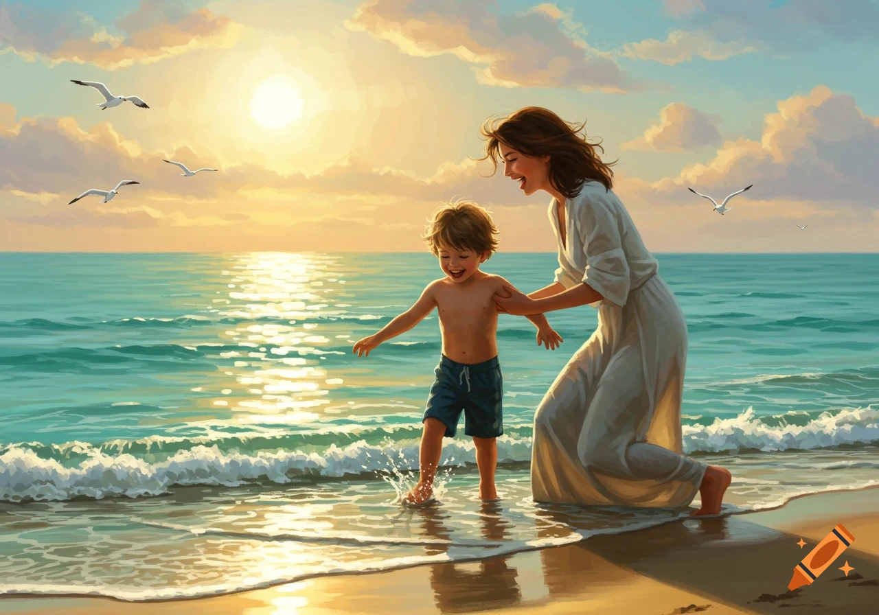 A smiling mother helps her son splash in the ocean waves on a sandy beach at sunset, painted style.