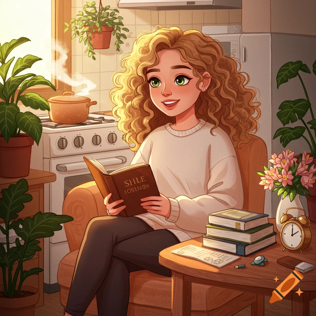 Smiling cartoon woman with curly blonde hair reading a book in a sunlit, plant-filled kitchen, with a pot on the stove and books nearby.