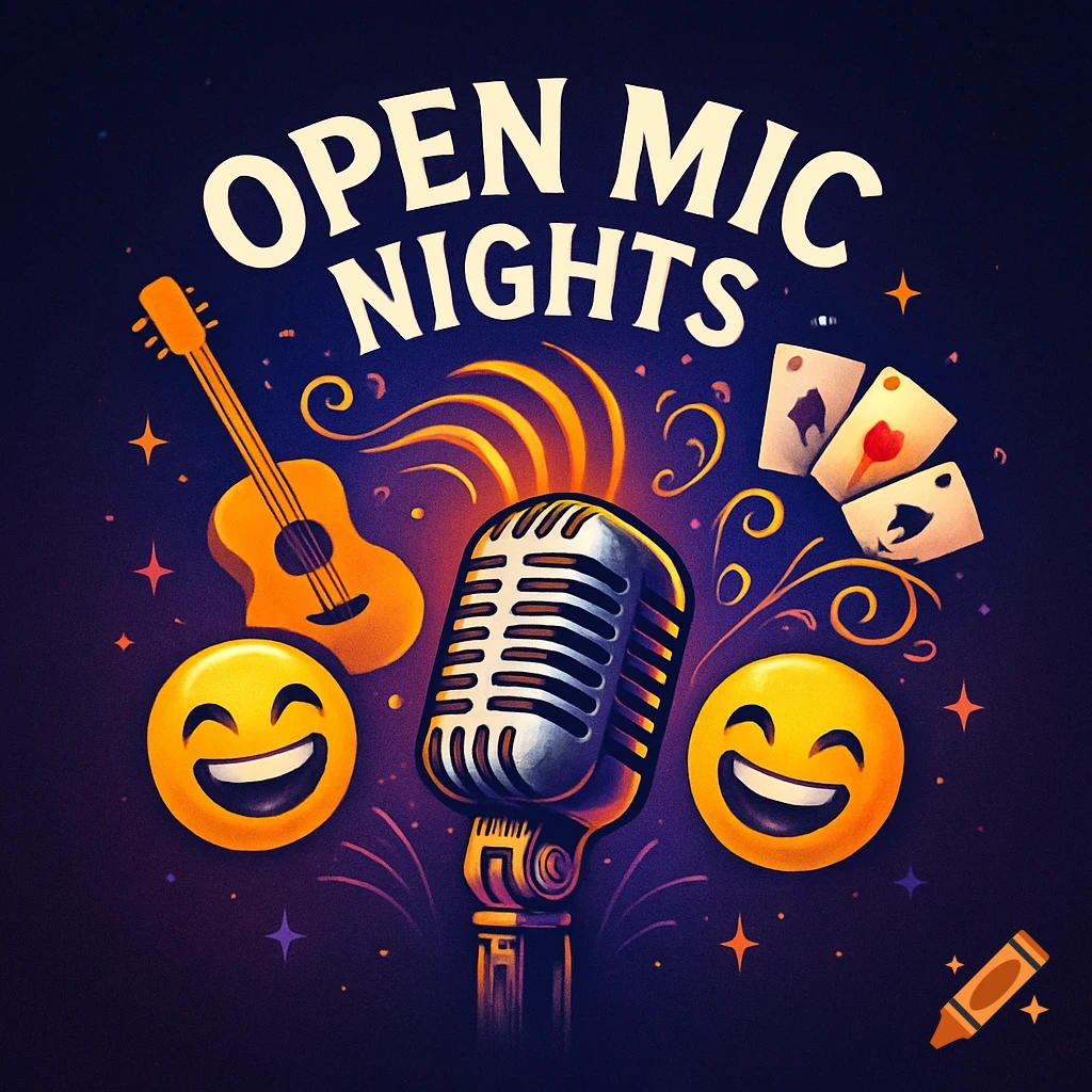 Logo for Open Mic Nights with a central vintage microphone, a guitar, two laughing emojis, and playing cards on a dark, star-filled background.