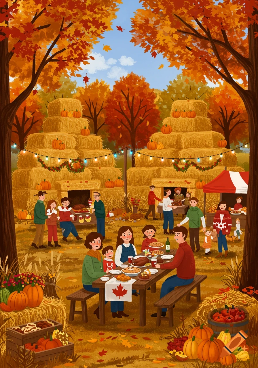 An illustration of families celebrating Canadian Thanksgiving outdoors, surrounded by hay bales, pumpkins, and colorful autumn trees.