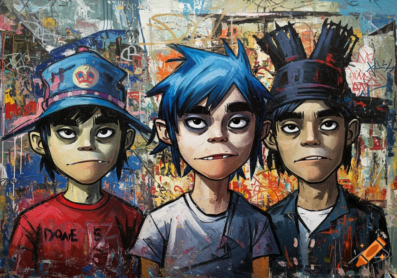 An oil painting in Basquiat style features three cartoon-like figures with a distressed, graffiti-filled background. The central figure has blue spiky hair.