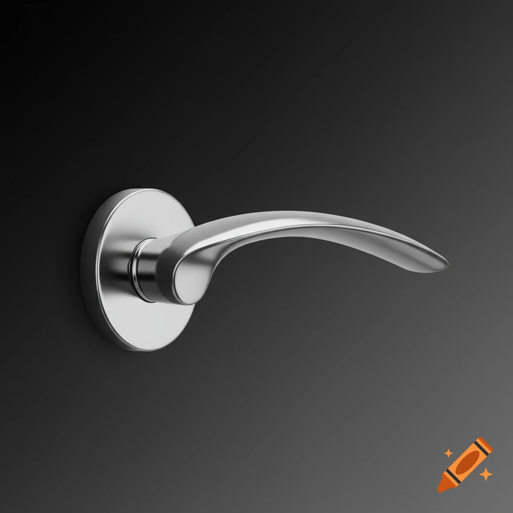 A close-up of a modern, chrome door handle with a curved lever against a dark gray background.