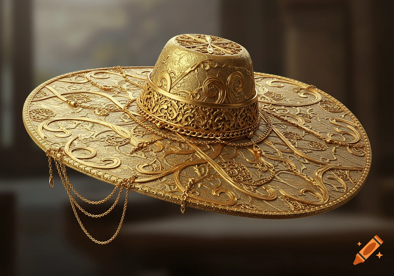 Highly ornate, golden hat with intricate patterns and decorative chains, close-up.
