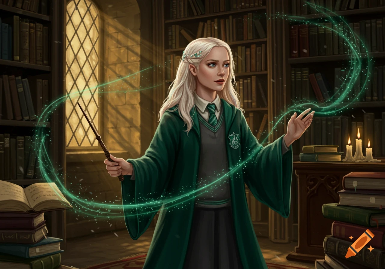 A blonde woman in a green Slytherin robe casts a glowing green spell with a wand in a library.