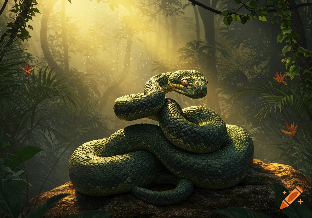A photorealistic green snake coiled on a rock in a lush, sun-drenched jungle with golden light filtering through trees.