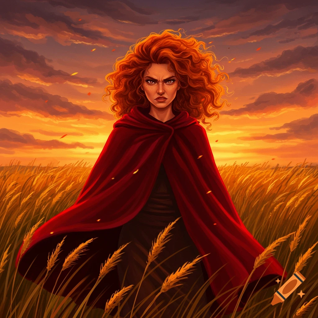 Illustration of an angry woman with fiery red curly hair and a red cloak standing in a golden wheat field under a dramatic sunset sky.