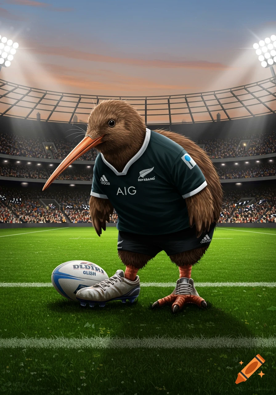 An illustrated kiwi bird wearing a New Zealand rugby uniform and cleats, standing on a grass field next to a rugby ball in a stadium.