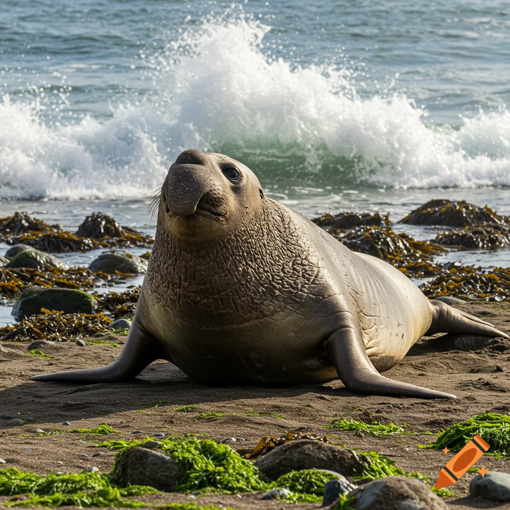 A large elephant seal rests on a sandy beach with rocks and green algae, as a wave crashes in the background under a bright sky.