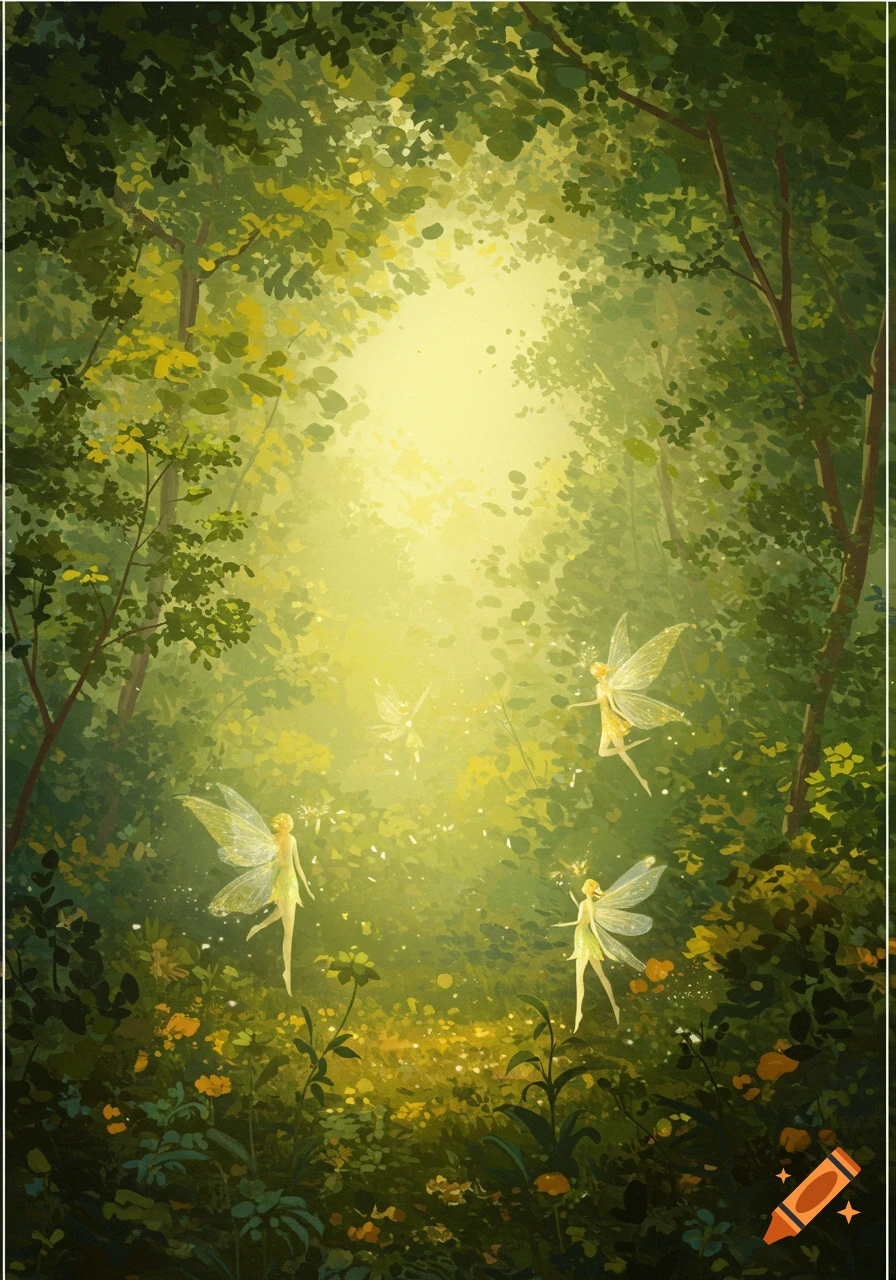 Dreamy impressionistic illustration of fairies with glowing wings fluttering in a sunlit, lush green forest.