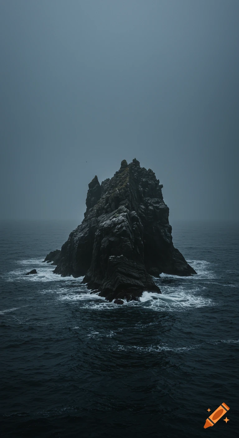 A dark, rugged rocky island in choppy Atlantic waters under a foggy grey sky, rendered as a digital painting.