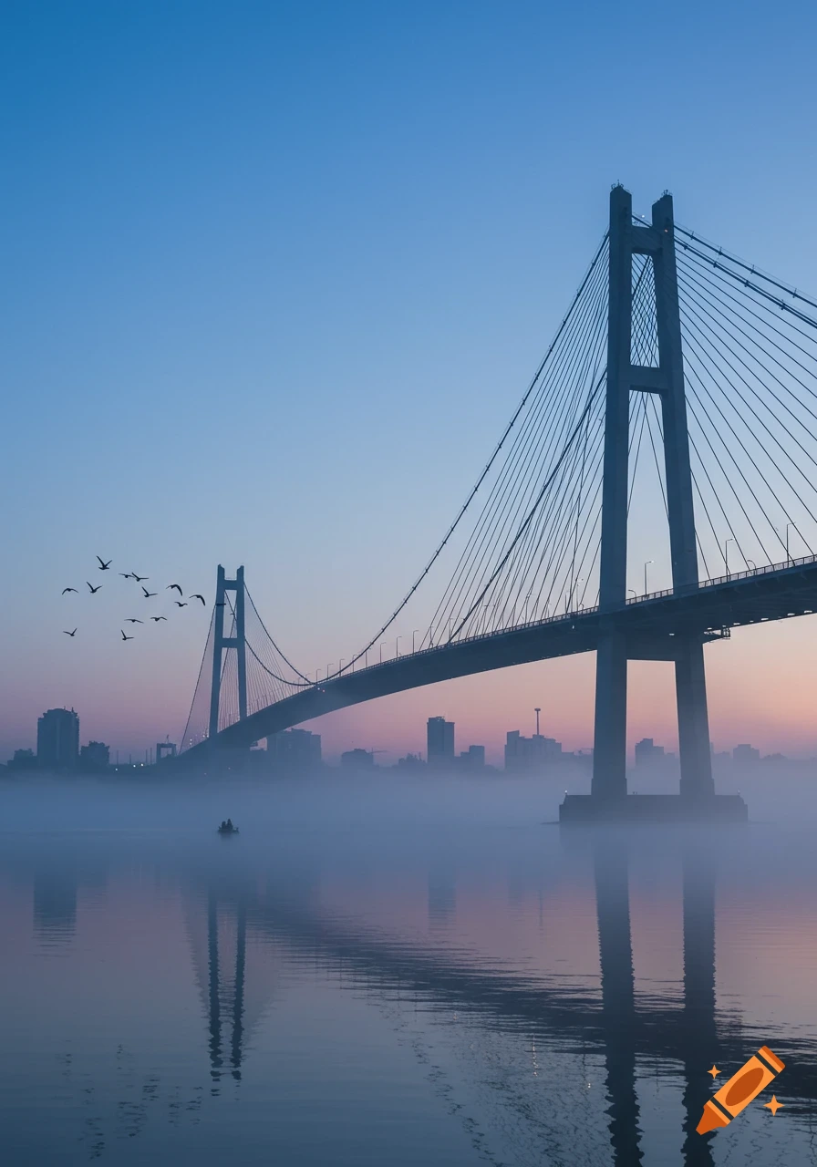 A cable-stayed bridge spans a foggy river at twilight, with a distant city skyline and birds flying, reflected in the water.