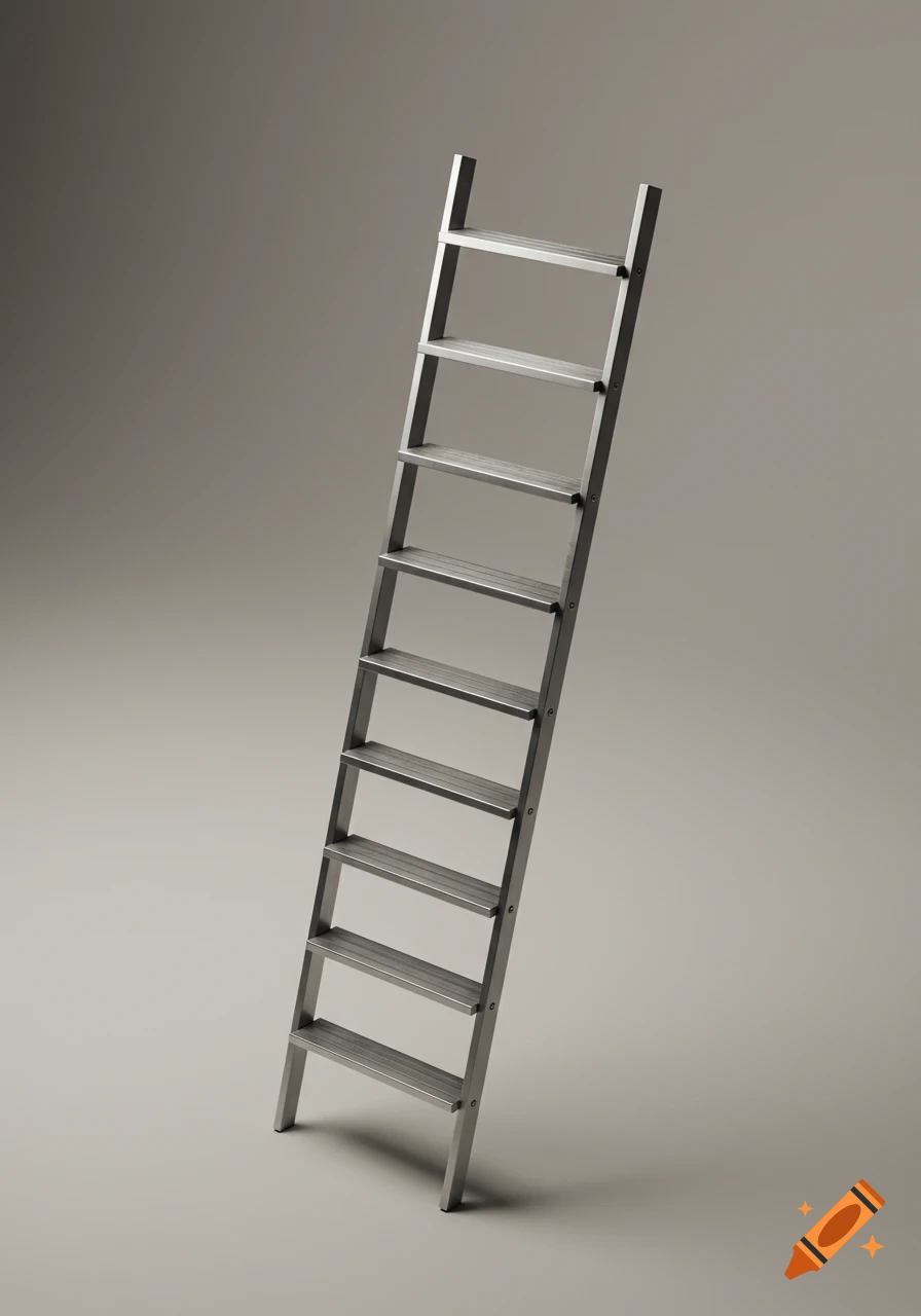 A silver metal ladder with 9 rungs leans against a light gray wall in a photorealistic style.