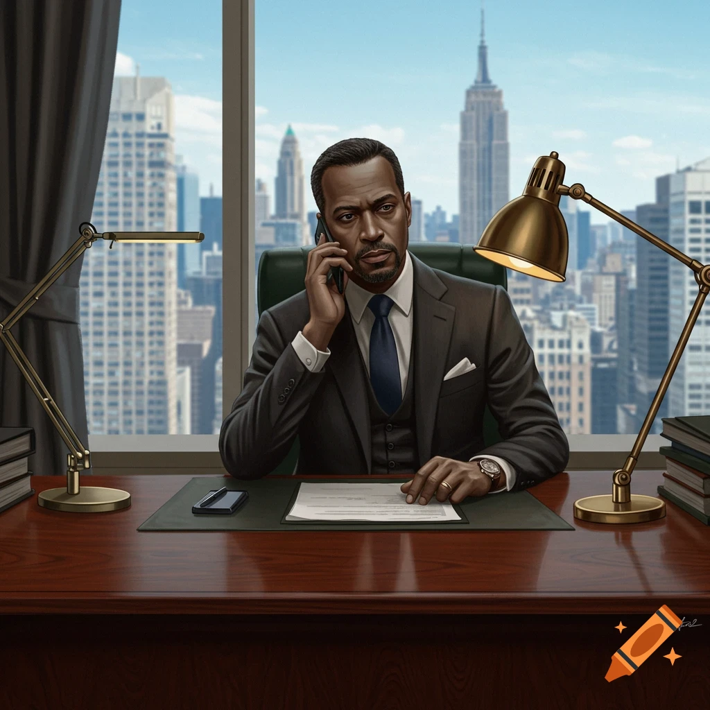 Photorealistic illustration of a man in a suit talking on a phone at a desk in an office with a city skyline view.