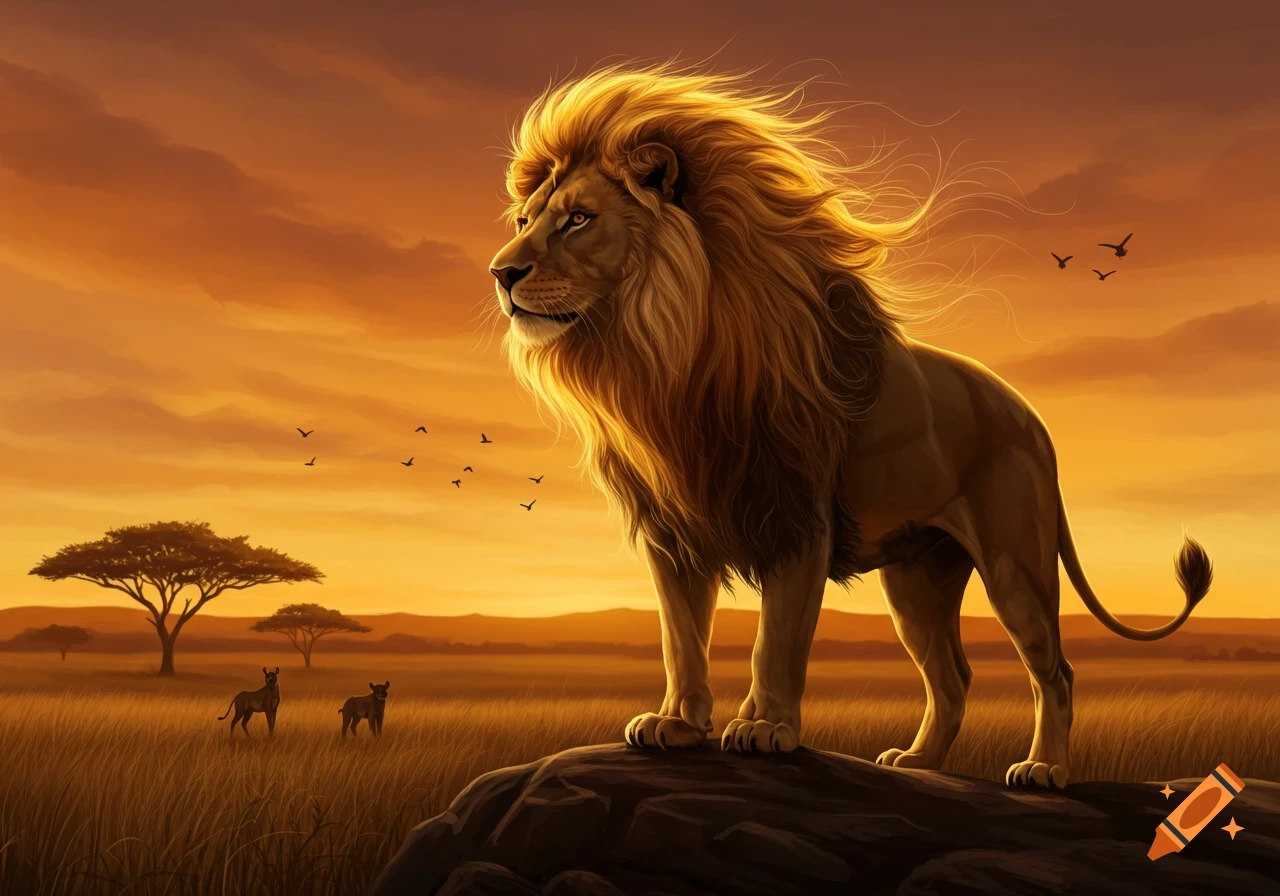 A majestic lion with a golden mane stands on a rock, silhouetted against a vibrant sunset over an African savanna with acacia trees.