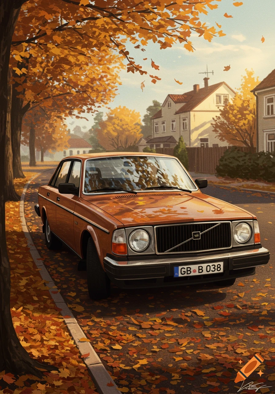 An orange Volvo 244 DL car parked on a tree-lined street covered in fallen autumn leaves in an illustration style.