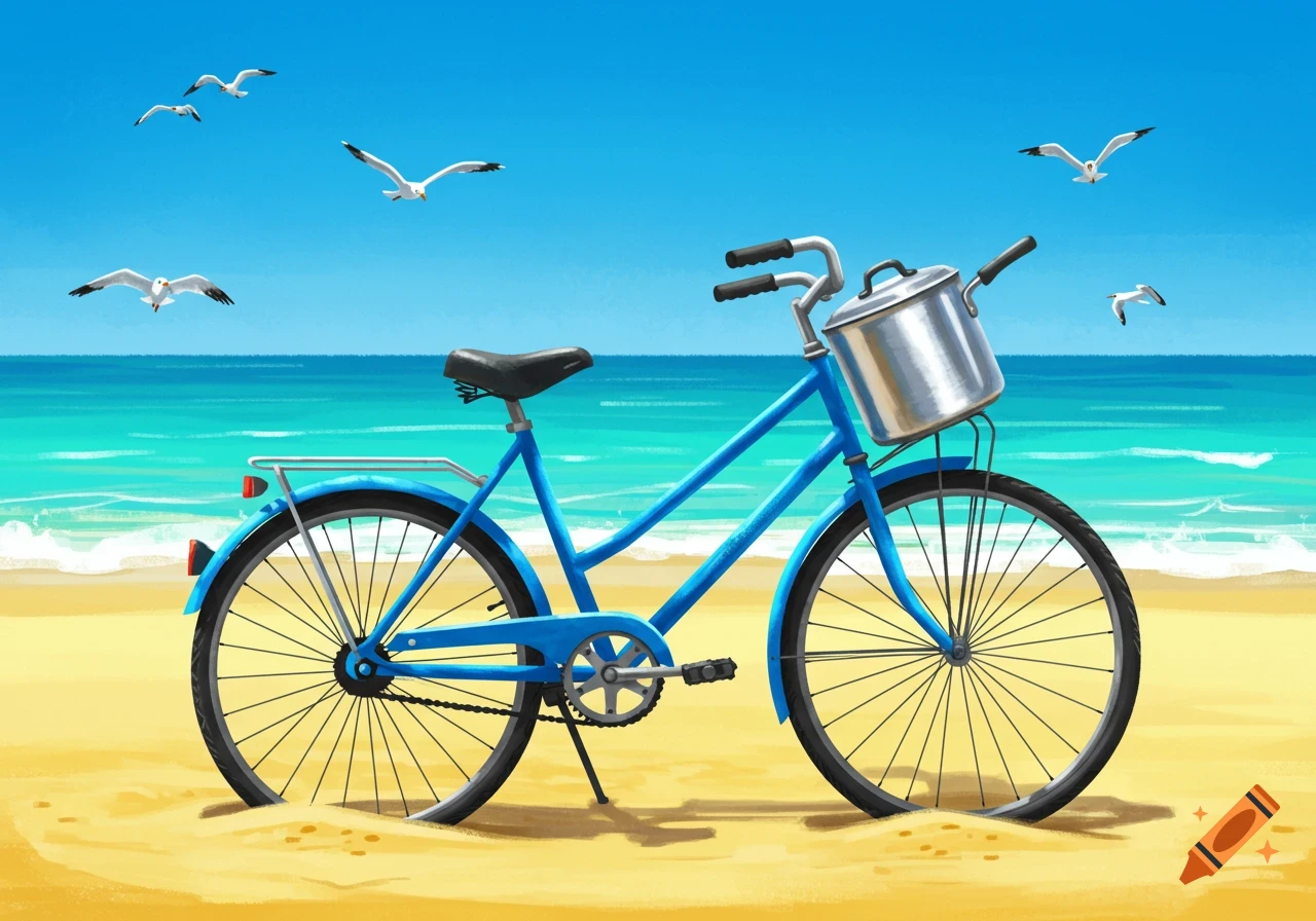 An illustration of a blue bicycle with a pot on its front on a sandy beach with seagulls flying overhead.
