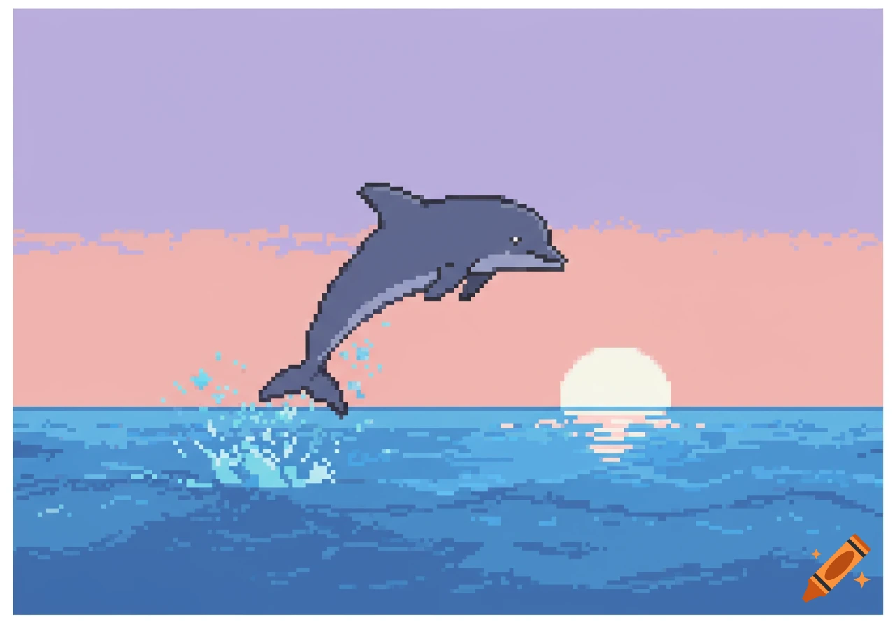 A pixel art dolphin jumps out of the ocean against a pink and purple sunset with a bright sun on the horizon.